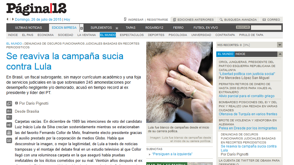 Jornal argentino repercute ‘campanha suja’ contra o ex-presidente Lula