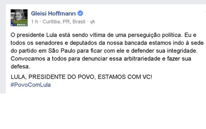 Gleisi convoca senadores para ir a São Paulo em defesa de Lula